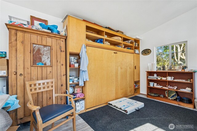 interior space with lofted ceiling and wood finished floors