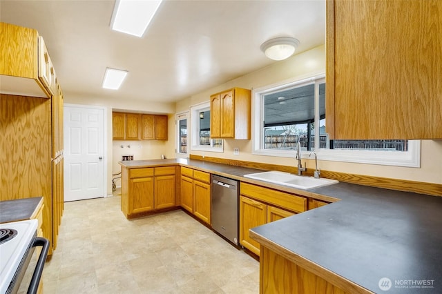 kitchen with dishwasher, a peninsula, brown cabinetry, white electric range, and a sink