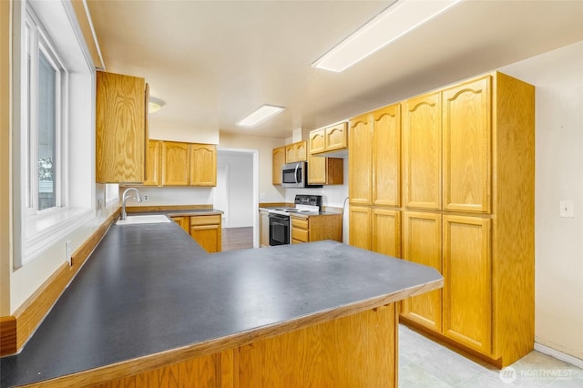 kitchen featuring a sink, stainless steel microwave, range with electric stovetop, and a peninsula