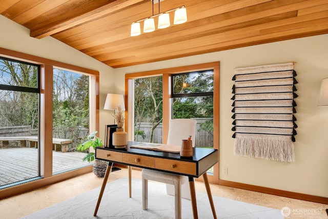 office featuring wooden ceiling, lofted ceiling with beams, and baseboards