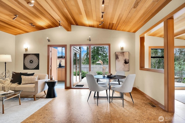 dining room featuring visible vents, vaulted ceiling with beams, baseboards, wooden ceiling, and speckled floor