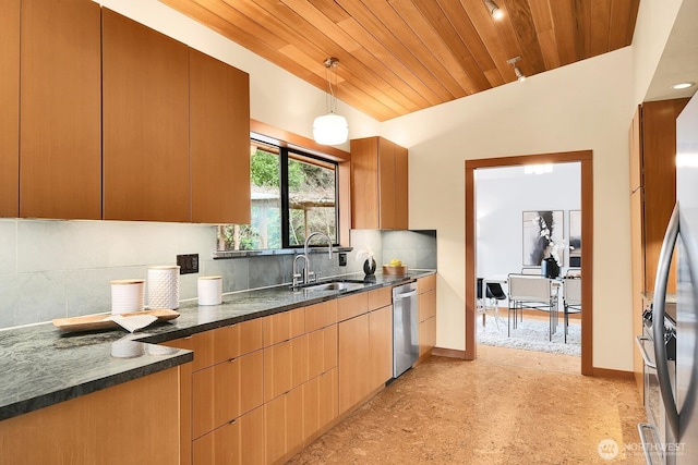 kitchen featuring a sink, dark stone countertops, appliances with stainless steel finishes, decorative backsplash, and wood ceiling