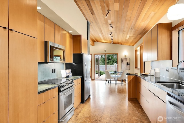 kitchen featuring backsplash, appliances with stainless steel finishes, wooden ceiling, modern cabinets, and a sink