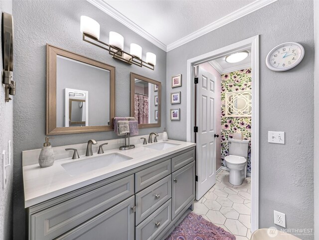 full bath featuring a sink, toilet, ornamental molding, and tile patterned floors