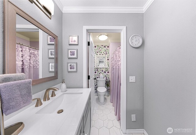 full bath with vanity, crown molding, toilet, and tile patterned flooring