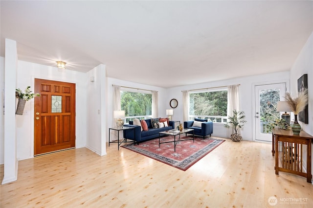 living room with plenty of natural light and wood finished floors