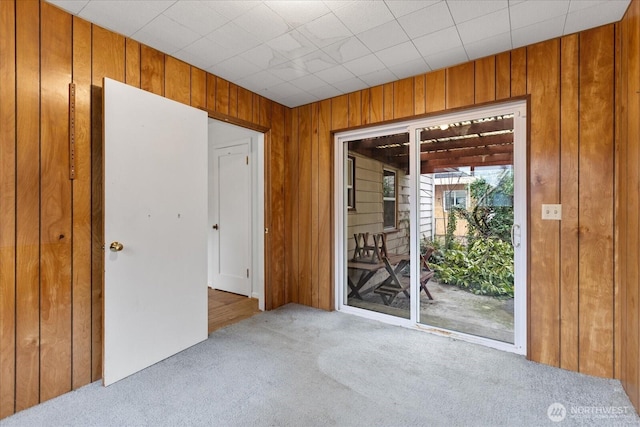 empty room with wooden walls and carpet flooring