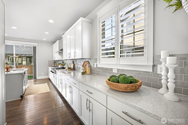 kitchen with dark wood-type flooring, a sink, backsplash, white cabinets, and light stone countertops