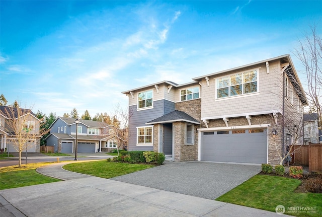 view of front of home featuring an attached garage, a residential view, stone siding, and driveway