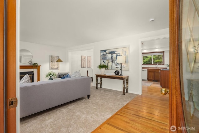 living room with light carpet, a fireplace, and light wood finished floors