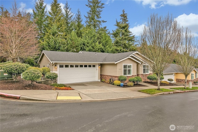 ranch-style house with stone siding, driveway, and an attached garage