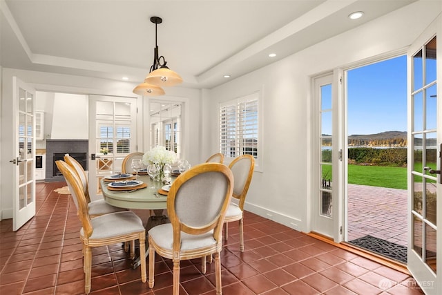 dining room featuring a tray ceiling, plenty of natural light, and a mountain view