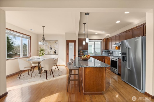 kitchen with light wood finished floors, dark stone counters, a sink, stainless steel appliances, and under cabinet range hood