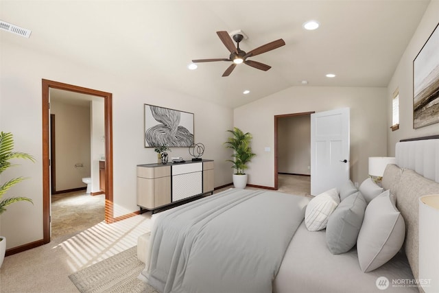 bedroom featuring baseboards, visible vents, recessed lighting, vaulted ceiling, and light carpet