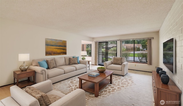 living area featuring light carpet and a textured ceiling