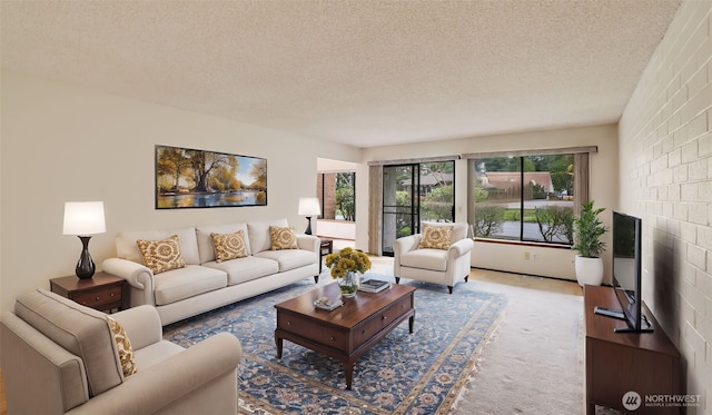 carpeted living area featuring a fireplace and a textured ceiling