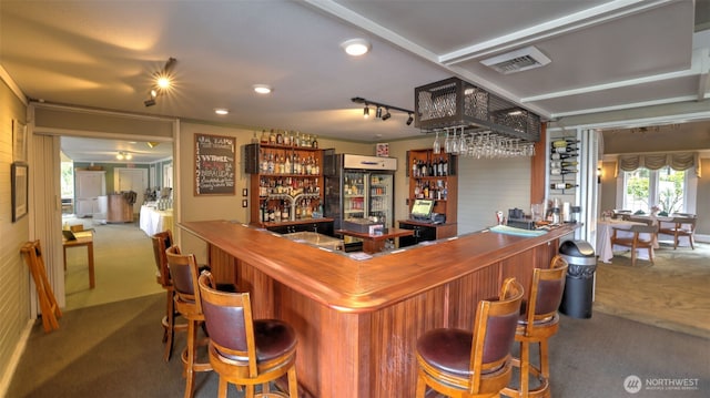 bar featuring a community bar, track lighting, carpet flooring, and visible vents