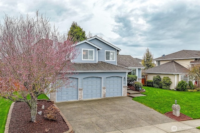 view of front of home featuring brick siding, driveway, an attached garage, and a front yard