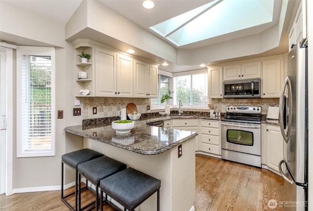 kitchen with a kitchen bar, a sink, appliances with stainless steel finishes, a peninsula, and light wood finished floors