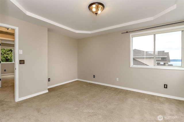 spare room with baseboards, a tray ceiling, and carpet floors