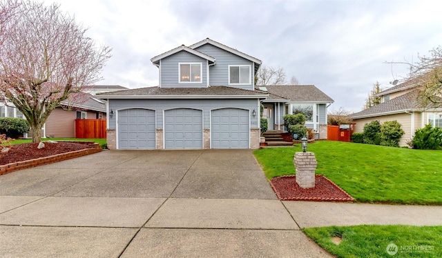 view of front of house with a garage, driveway, brick siding, and a front yard