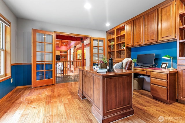 office featuring light wood-style flooring, recessed lighting, and french doors