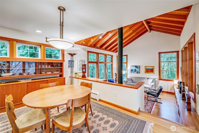 dining area with baseboards, beamed ceiling, wood finished floors, high vaulted ceiling, and a baseboard radiator