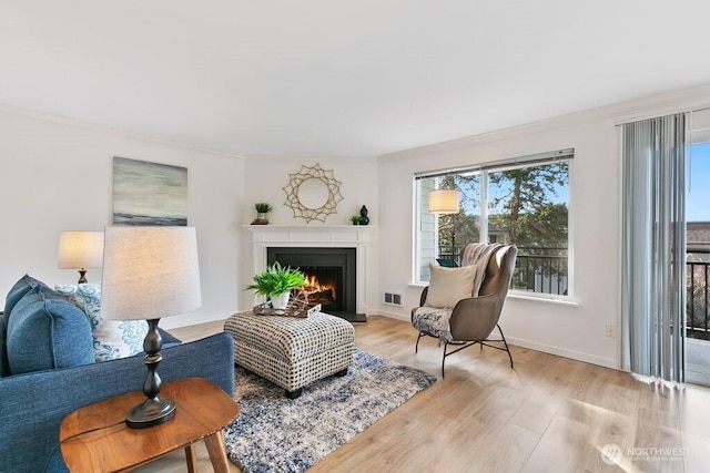 living area with baseboards, plenty of natural light, a lit fireplace, and light wood finished floors