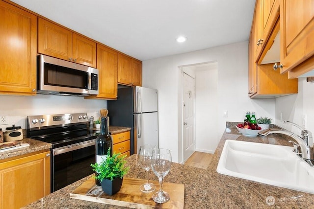 kitchen with recessed lighting, brown cabinets, appliances with stainless steel finishes, and a sink