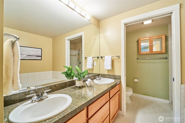 bathroom featuring a shower stall, toilet, double vanity, and a sink