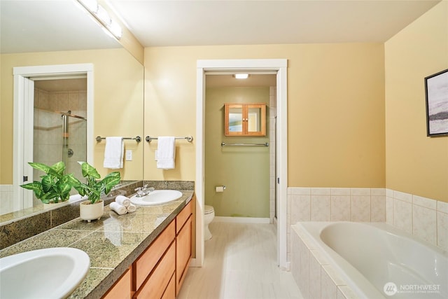 bathroom featuring a garden tub, toilet, a sink, a shower stall, and double vanity