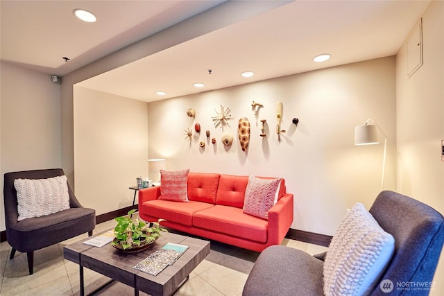 living room with recessed lighting, baseboards, and tile patterned floors