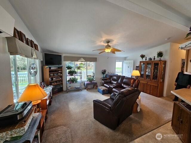 living room with light colored carpet, a ceiling fan, and vaulted ceiling