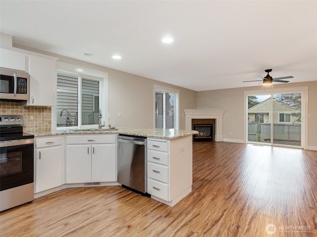 kitchen with a peninsula, light wood-style floors, a glass covered fireplace, stainless steel appliances, and a sink