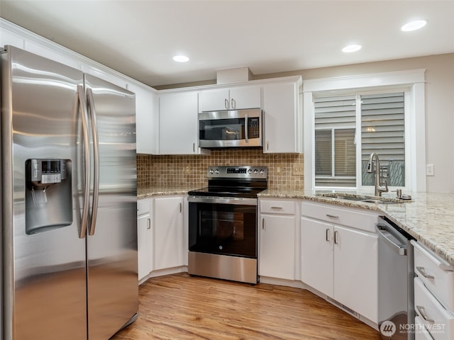 kitchen featuring light wood finished floors, tasteful backsplash, appliances with stainless steel finishes, white cabinetry, and a sink