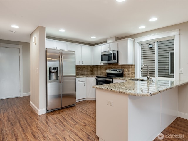 kitchen featuring a sink, stainless steel appliances, a peninsula, and wood finished floors