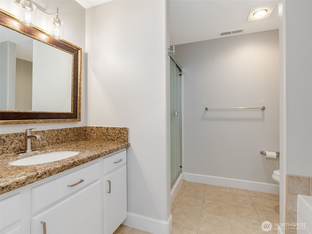 full bathroom featuring visible vents, a shower stall, baseboards, tile patterned floors, and vanity