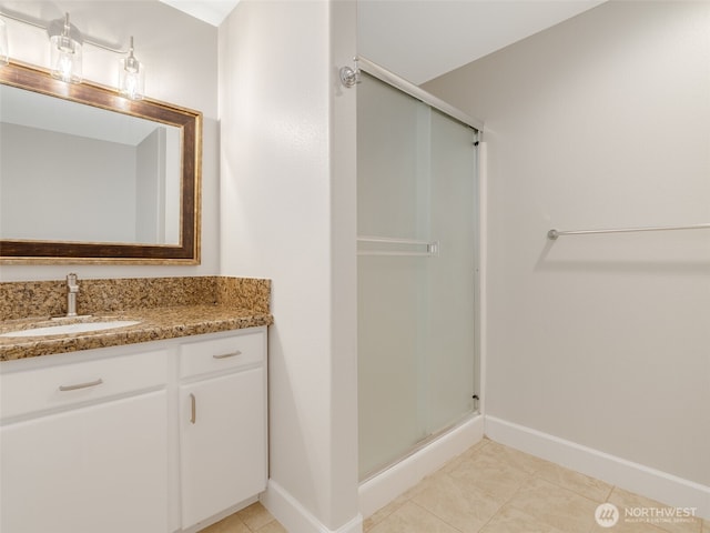 bathroom featuring vanity, a shower stall, and tile patterned flooring