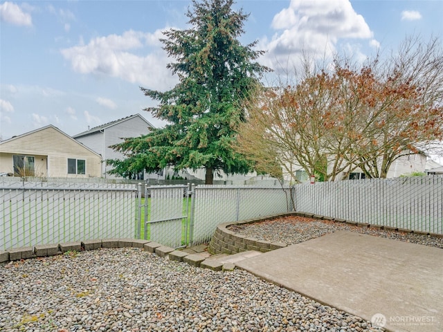 view of yard featuring a patio, a gate, and a fenced backyard