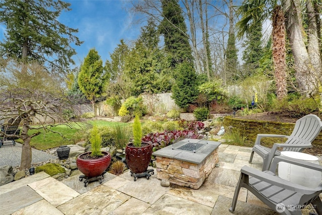 view of patio featuring a fire pit and a fenced backyard