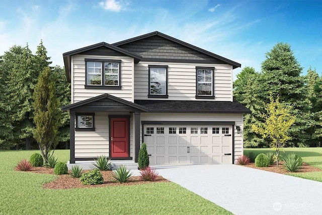 view of front of property featuring a front lawn, a garage, driveway, and a shingled roof