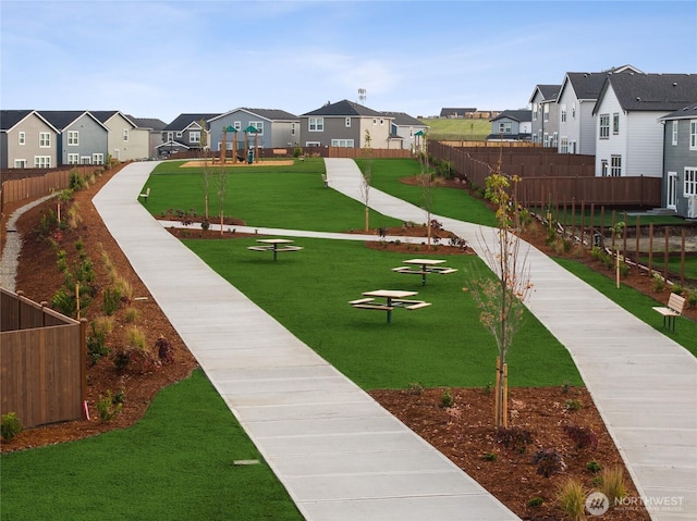 view of home's community with fence, a residential view, and a lawn