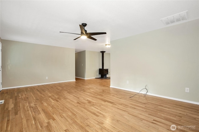 unfurnished living room with a ceiling fan, visible vents, light wood finished floors, baseboards, and a wood stove