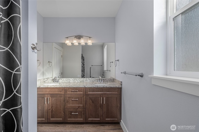 full bath featuring double vanity, wood finished floors, and a sink