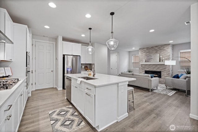 kitchen featuring light wood finished floors, a stone fireplace, appliances with stainless steel finishes, and a sink