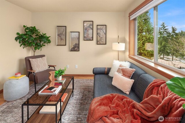 living room with a wealth of natural light, baseboards, and wood finished floors