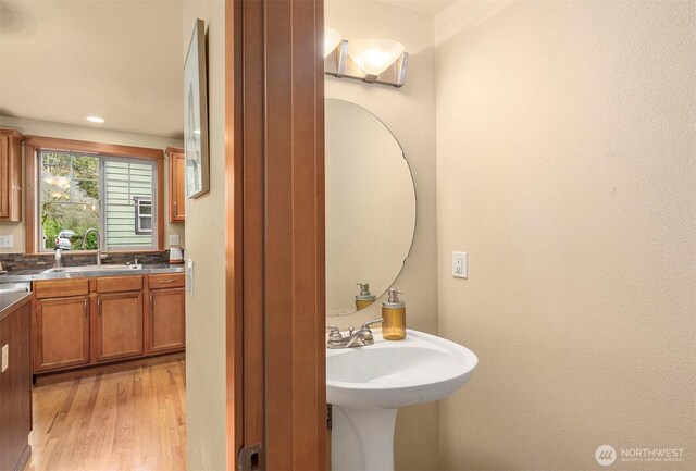 bathroom featuring wood finished floors and a sink