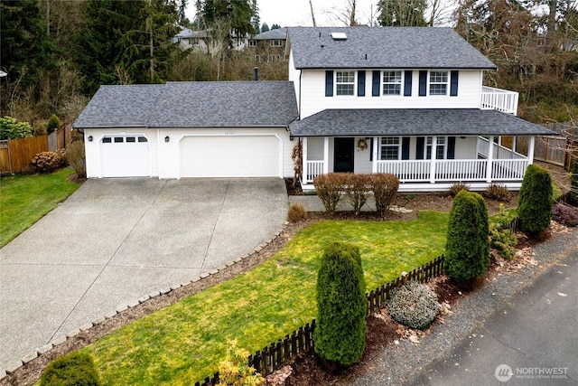 view of front of house featuring a porch, an attached garage, a front lawn, and roof with shingles