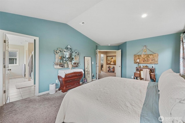 8107 165th Street Ct E, Puyallup, WA 98375 - carpeted bedroom featuring tile patterned flooring, baseboards, vaulted ceiling, and visible vents
