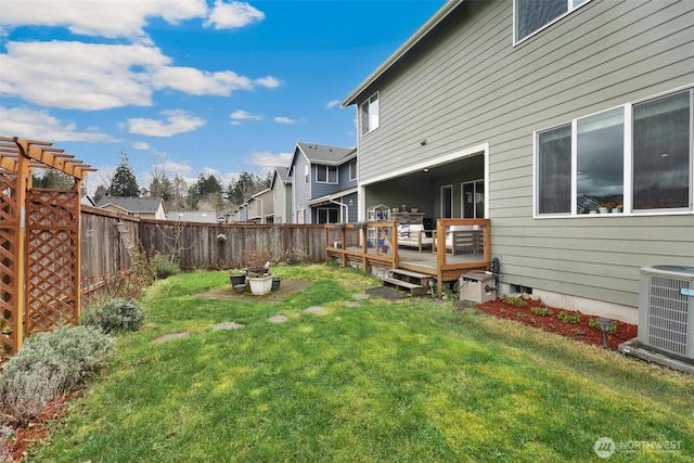 8107 165th Street Ct E, Puyallup, WA 98375 - view of yard with a fenced backyard, central air condition unit, and a deck